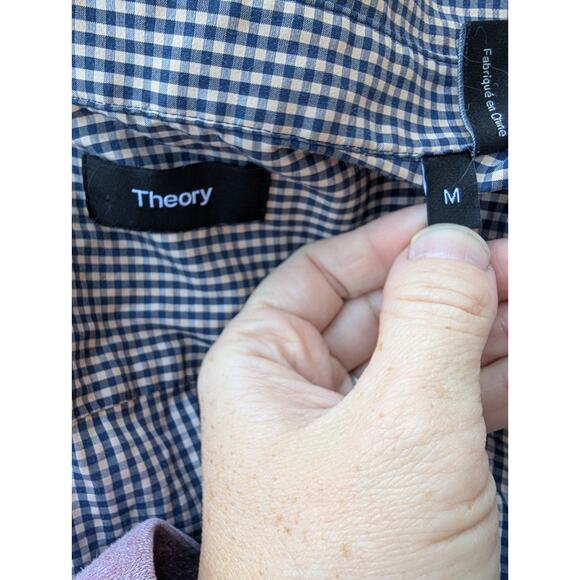 Theory Mens Murray Tech Stretch Plaid Button Down Shirt Sz M Peach Navy Checked - Picture 3 of 6